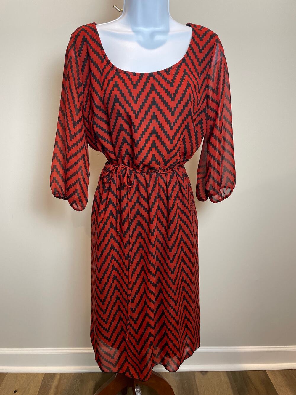 Espresso Dress Black Red Lightweight Chiffon Pattern Size L